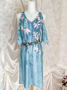 Blue Floral Lace Sleeve Midi Dress Hummingbird Cottagecore Fairy Boho Resort